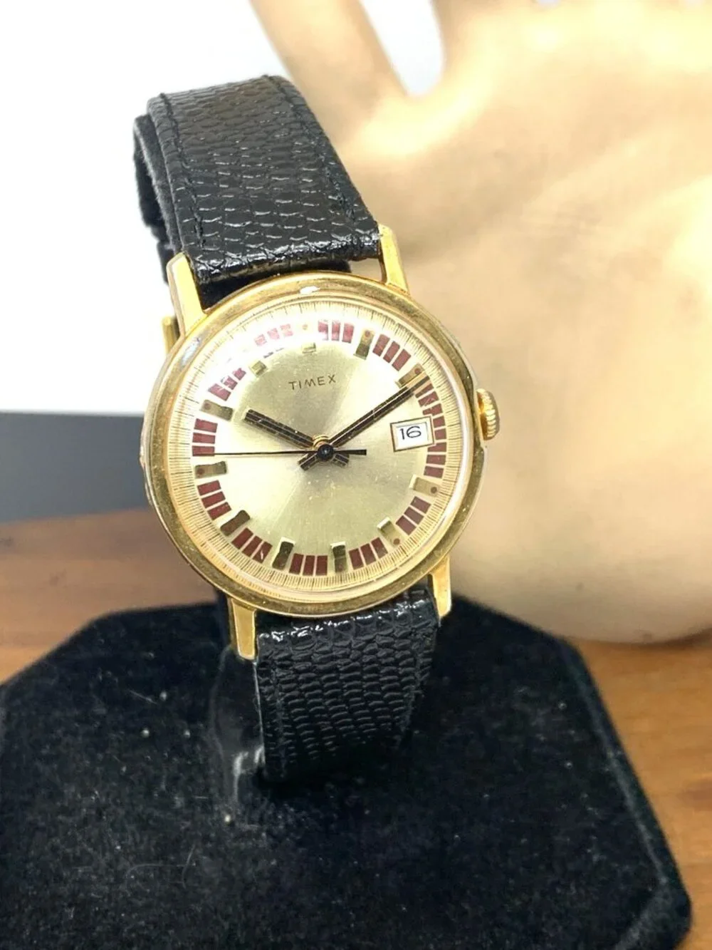 Timex Men's Watch Vintage Manual Wind Gold Dial Black Leather Strap 33mm